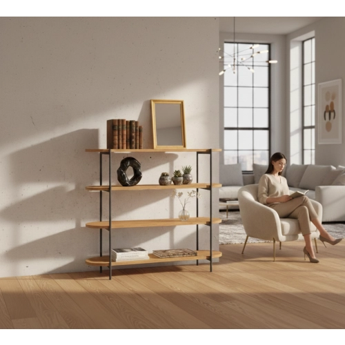 REGAŁ NA KSIĄŻKI 4 POZIOMOWY METALOWY DREWNO LITE DĄB JESION OLCHA  RNK-190